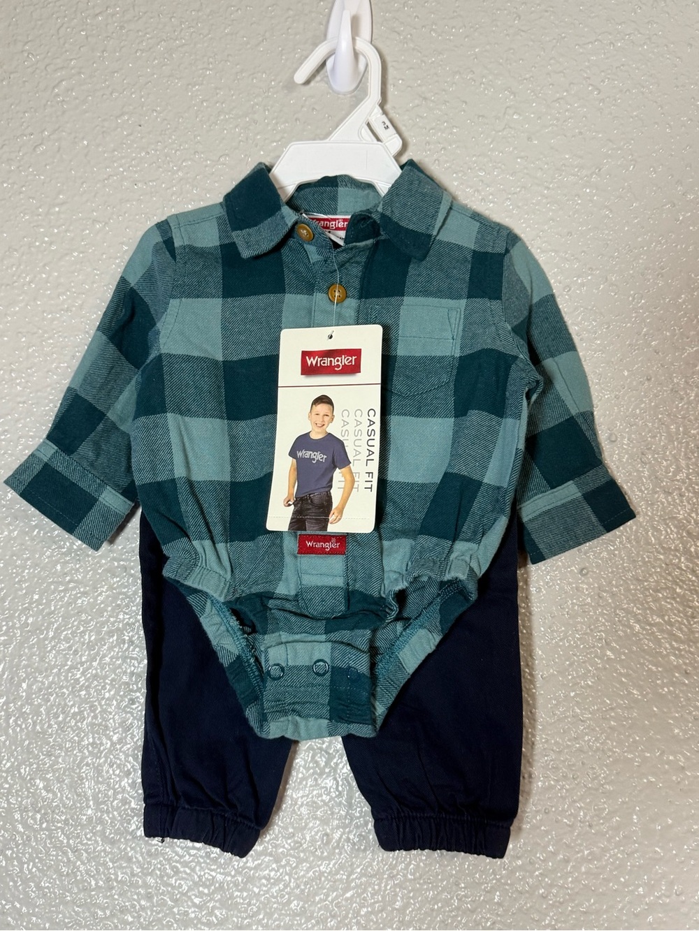 Wrangler 3M Plaid Long Sleeve Bodysuit & Blue Pants Baby Outfit Set